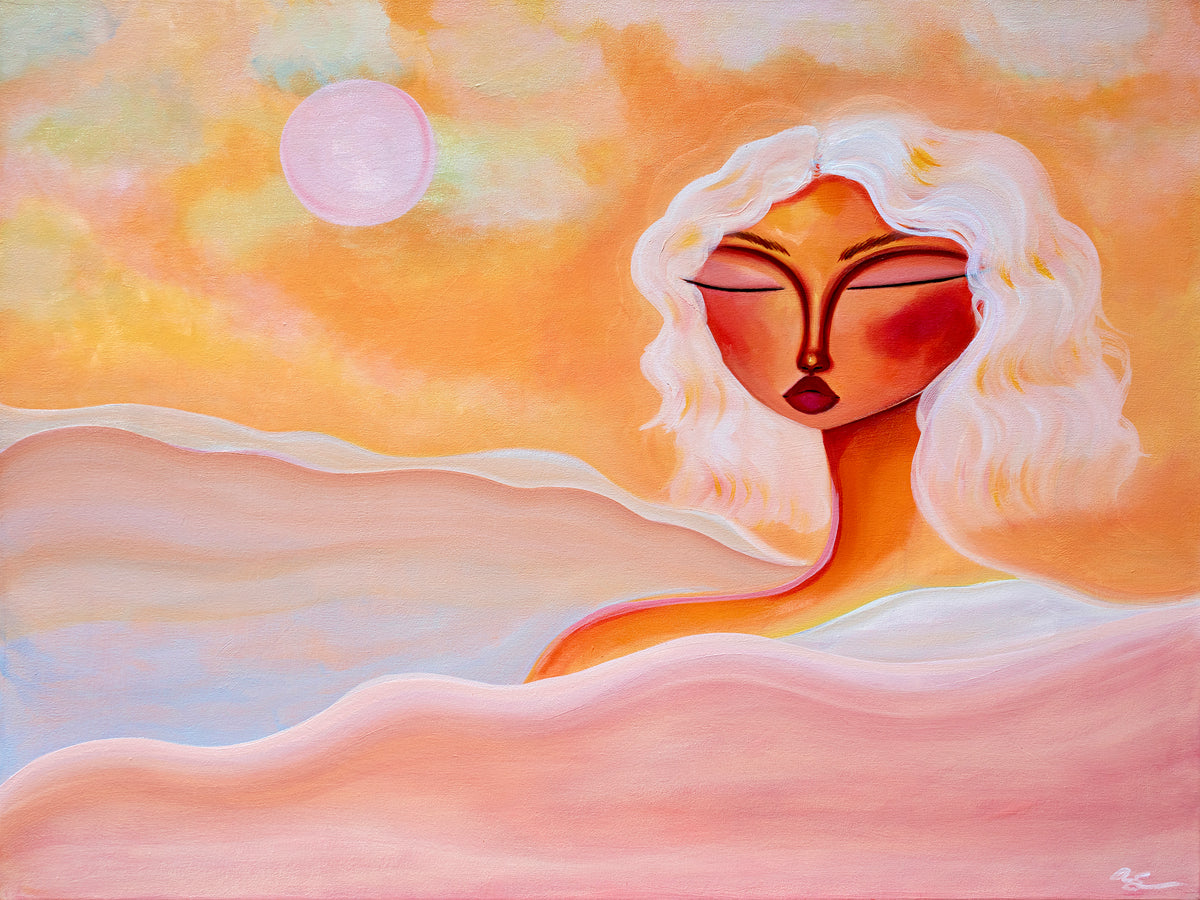 Artistic depiction of a face with abstract features against a warm-toned background