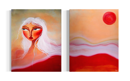Canvas diptych artwork by Aim Straley Art featuring ocean shells, measuring 30x48 inches, with detailed shell illustrations.