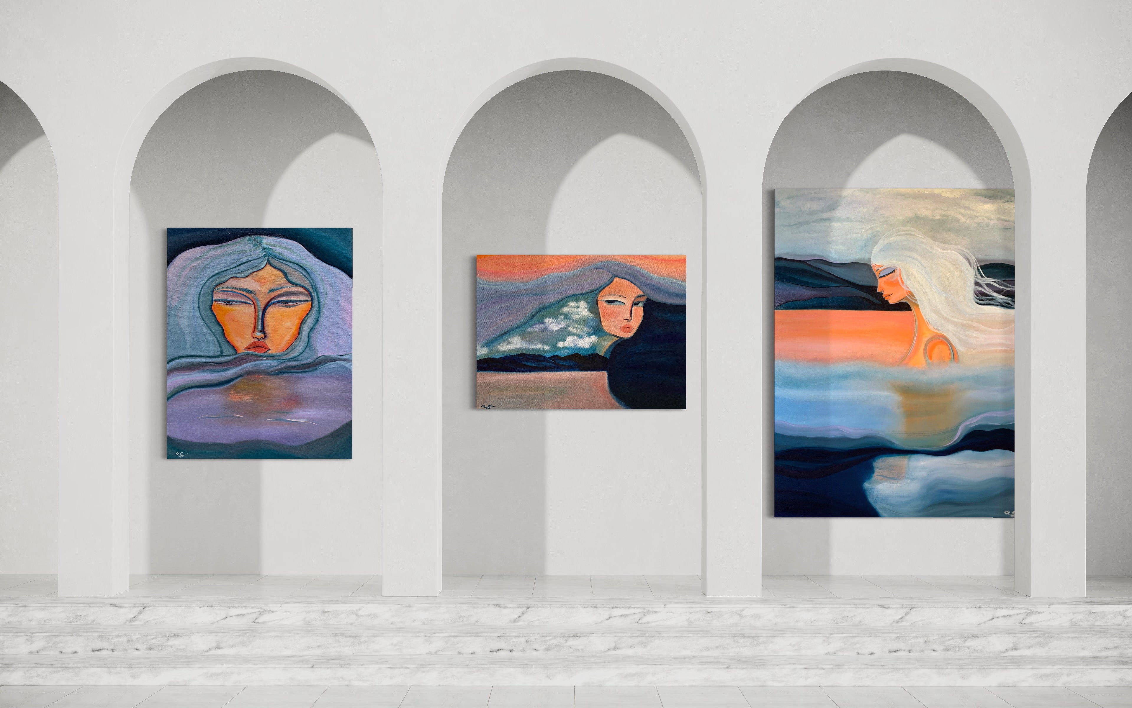 Three abstract paintings displayed in arched alcoves against a white wall.
