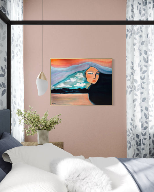 18x24 inch canvas art titled "Above The Clouds, Beneath The Waves" featuring a serene landscape with sky and ocean elements.
