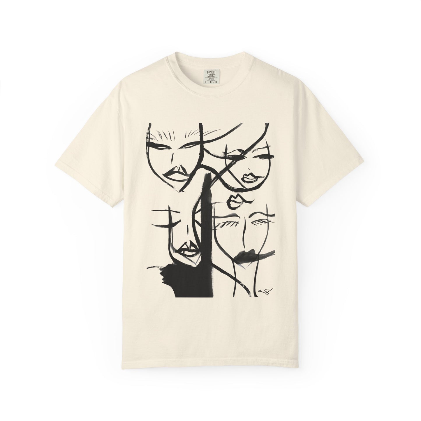 Abstract faces print on a stylish T-shirt by Printify, featuring colorful, artistic face designs on a casual tee.