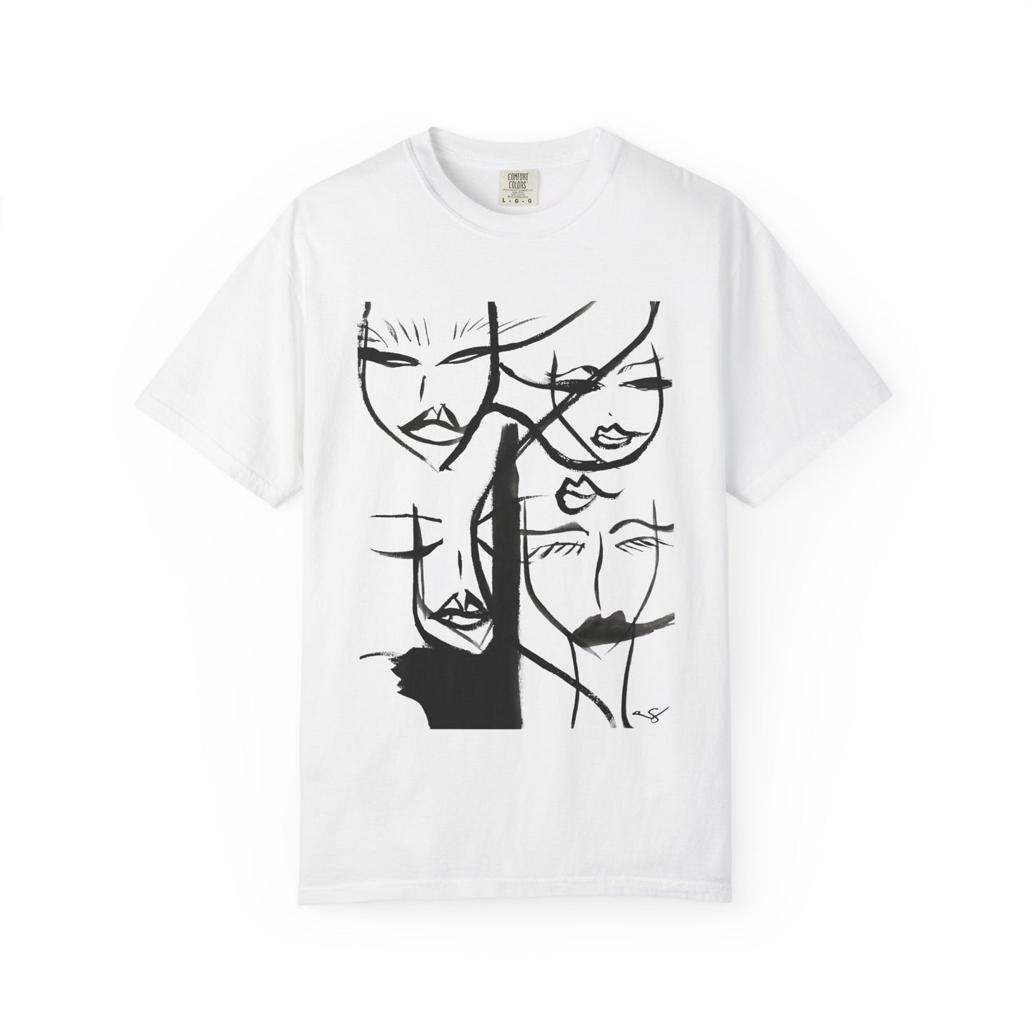 Abstract Faces T-Shirt by Printify featuring a colorful, artistic face design on a casual cotton tee.