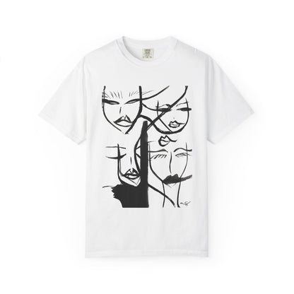 Abstract Faces T-Shirt by Printify featuring a colorful, artistic face design on a casual cotton tee.