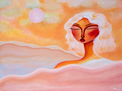 Artistic depiction of a face with abstract features against a warm-toned background