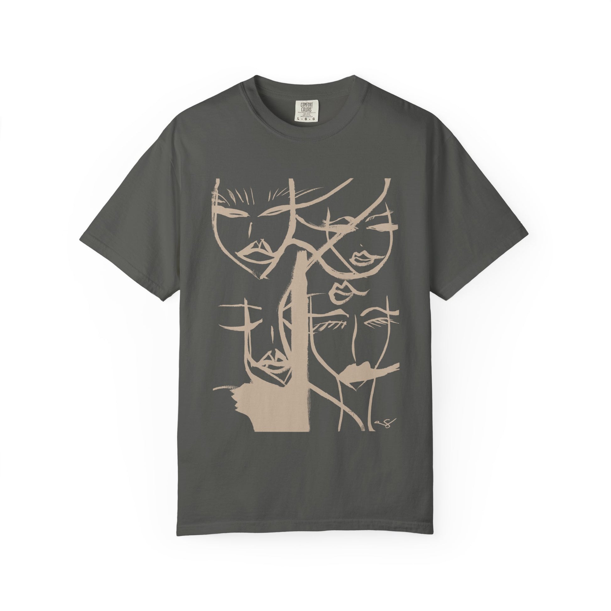 Abstract Faces T-Shirt by Printify featuring a colorful, artistic face design on a casual cotton tee.