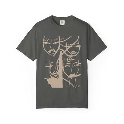 Abstract Faces T-Shirt by Printify featuring a colorful, artistic face design on a casual cotton tee.