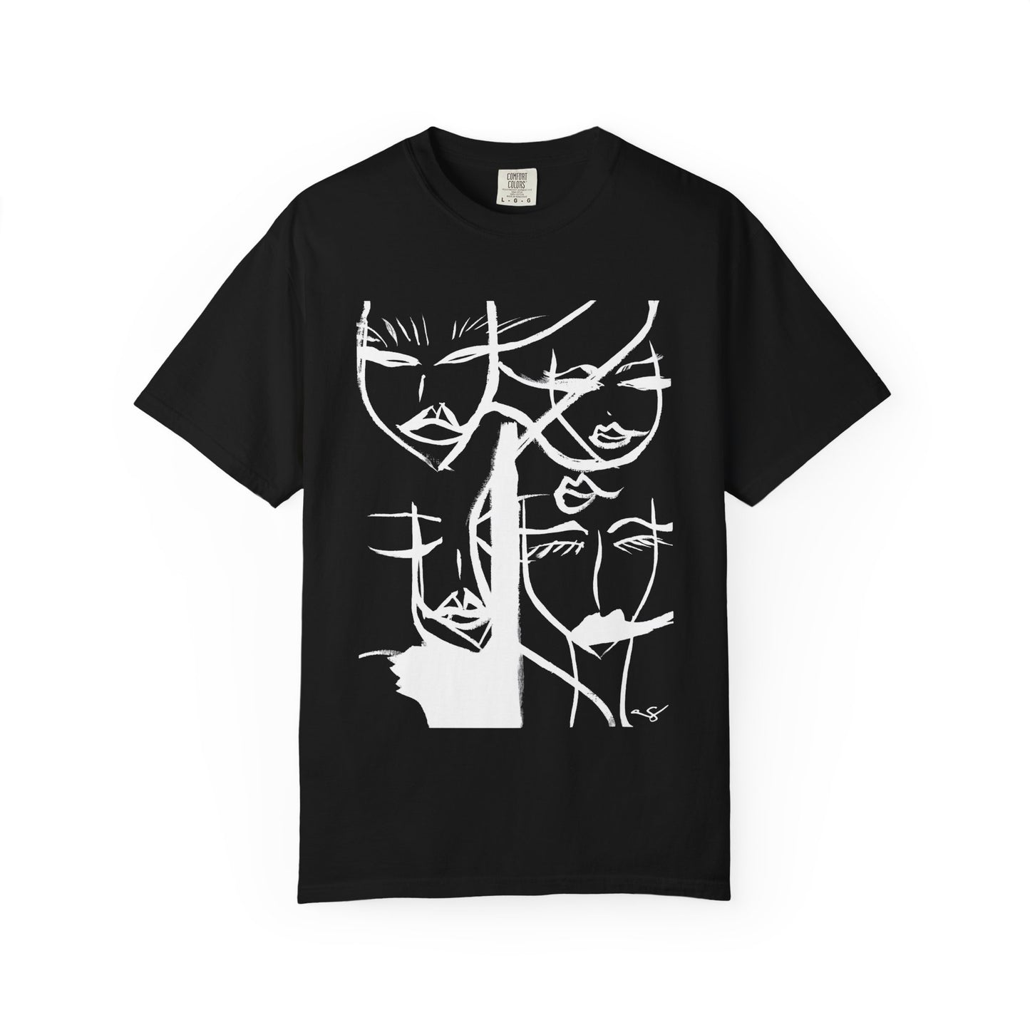 Colorful abstract faces design on Printify T-Shirt, showcasing artistic face illustrations on a casual graphic tee.