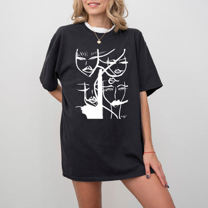 Black abstract faces T-shirt by Printify featuring artistic face designs on soft cotton fabric.