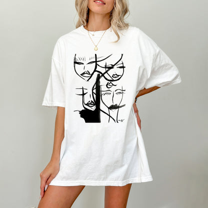 White abstract faces print t-shirt by Printify featuring artistic face illustrations on a casual cotton tee.