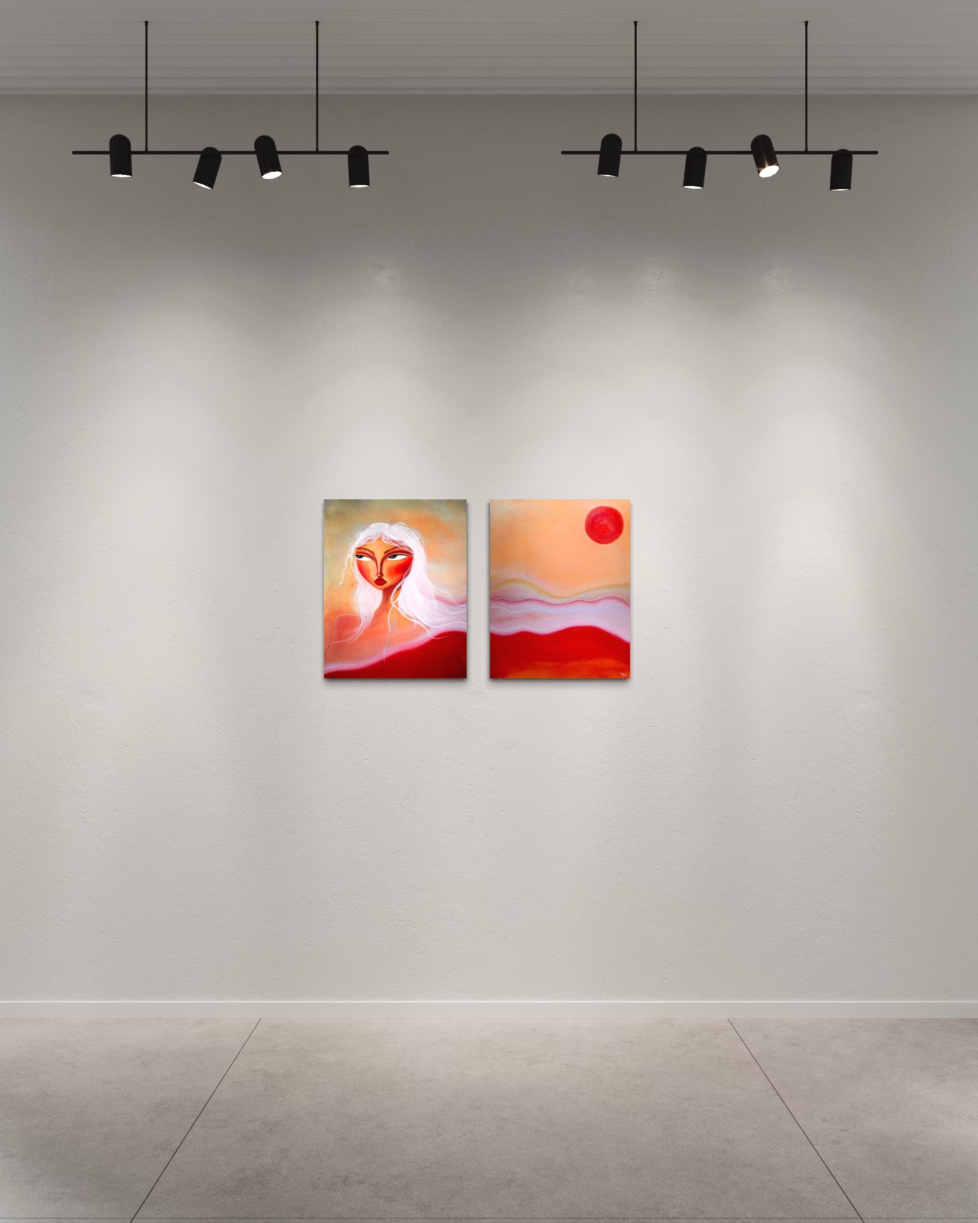 Canvas diptych artwork titled "Let's Look For Shells" by Aim Straley Art, featuring coastal shells on a scenic beach scene.