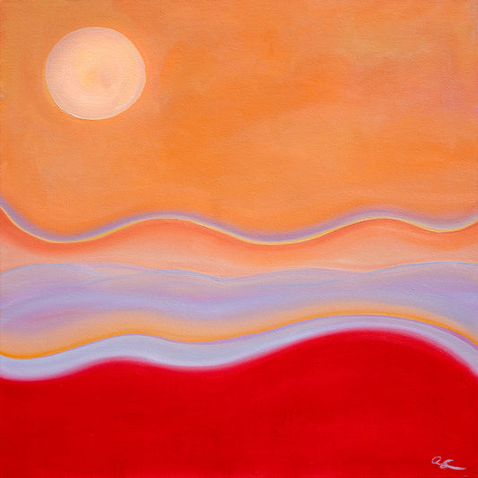 Abstract artwork with a warm color palette featuring orange, red, and white.