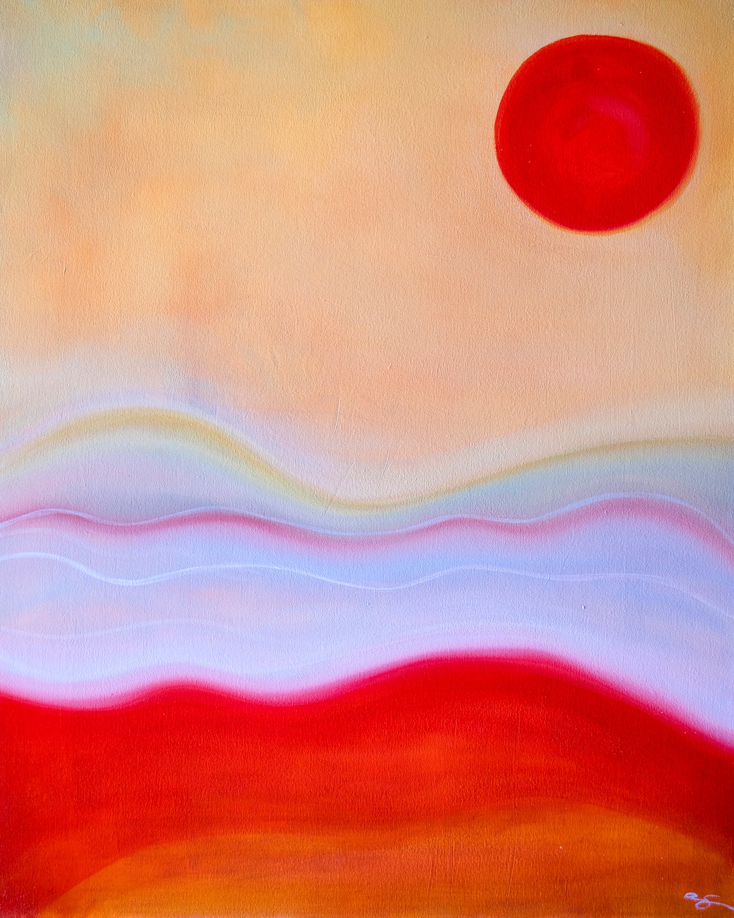 Abstract artwork with a red circle and wavy lines on a beige background