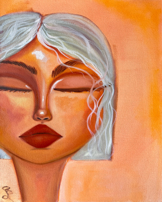 Artistic depiction of a face with closed eyes and white hair on a peachy pink background