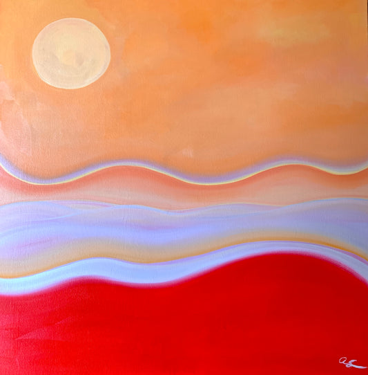 Abstract artwork with a circular shape resembling the moon or sun on an orange and red background.