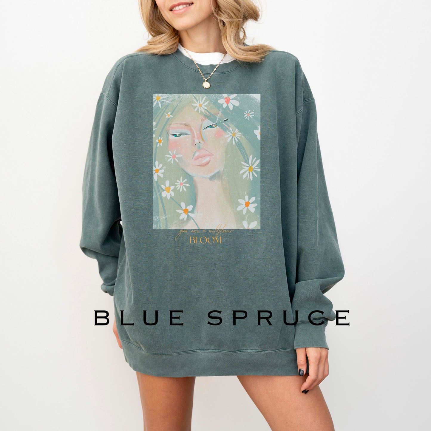 Blue spruce sweatshirt featuring a wildflower design from Printify, casual unisex sweatshirt for everyday wear.