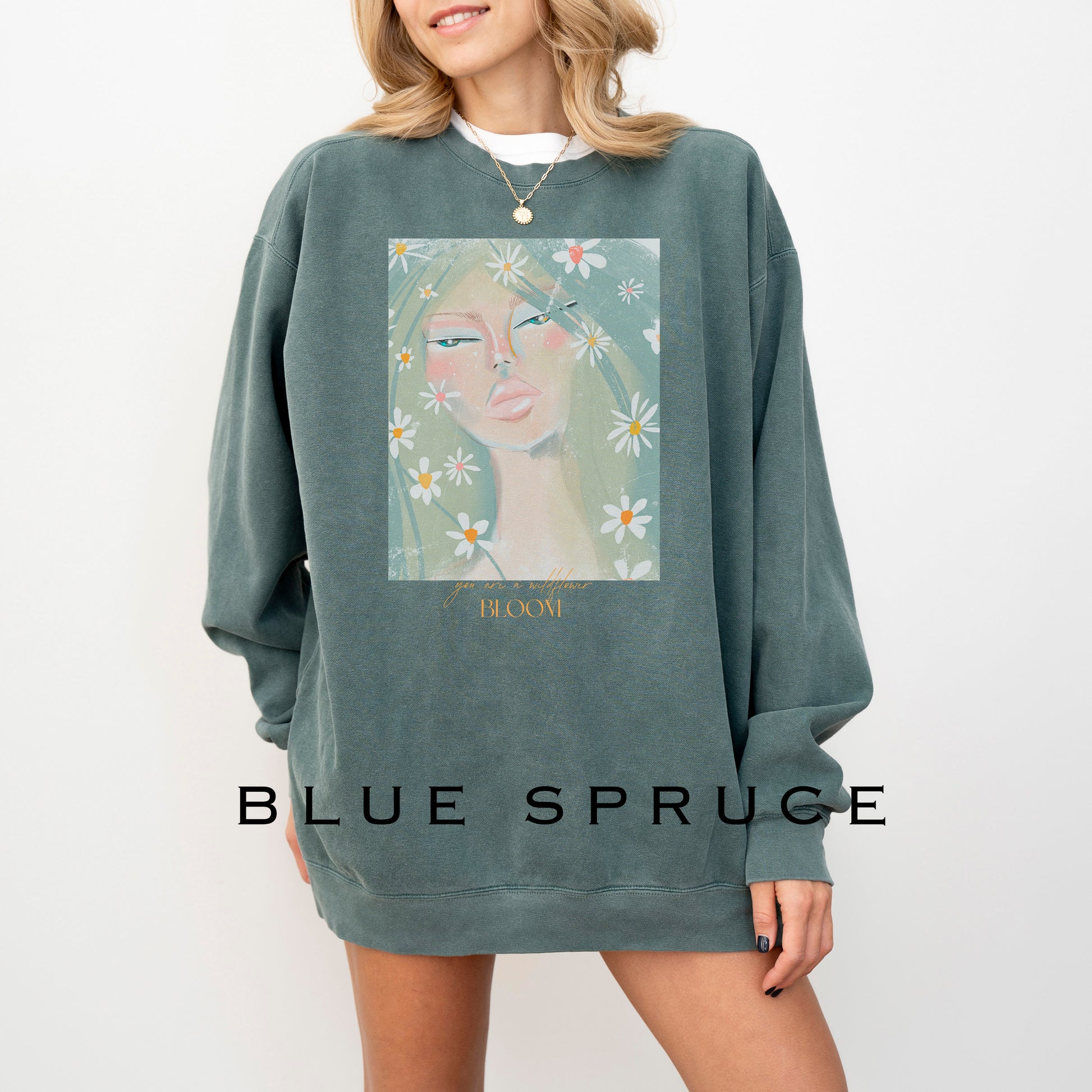 Blue spruce sweatshirt featuring a wildflower design from Printify, casual unisex sweatshirt for everyday wear.
