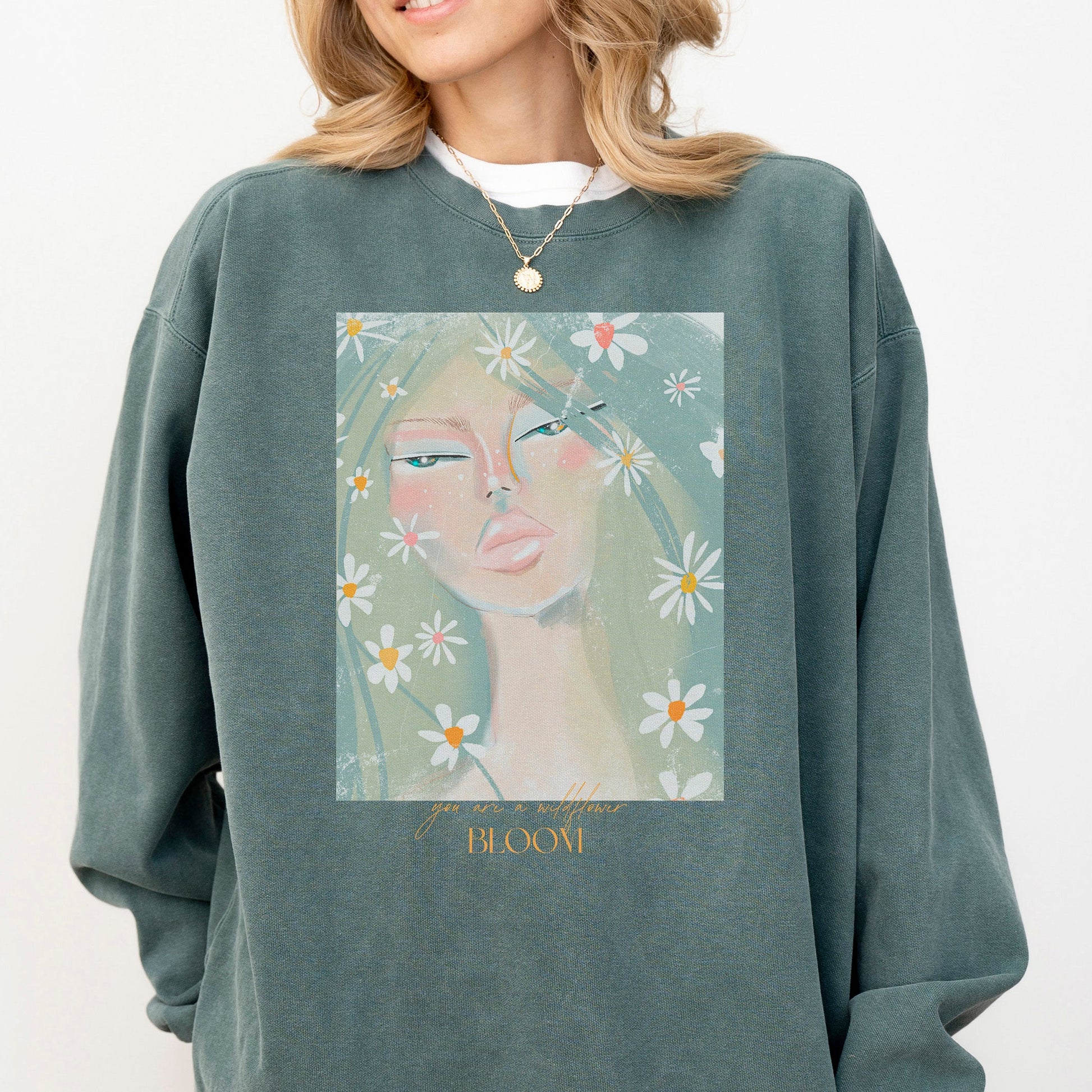 Blue spruce crop sweatshirt with wildflower design from Printify, featuring a comfortable fit and vibrant floral pattern.